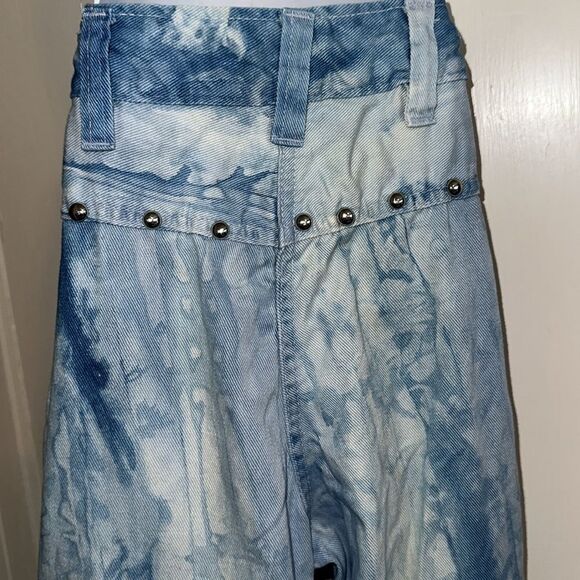 Vintage 70s Mambro Girls Blue Tie-Dye Bell Bottom Cuffed Jeans with Silver Studs - Picture 7 of 10